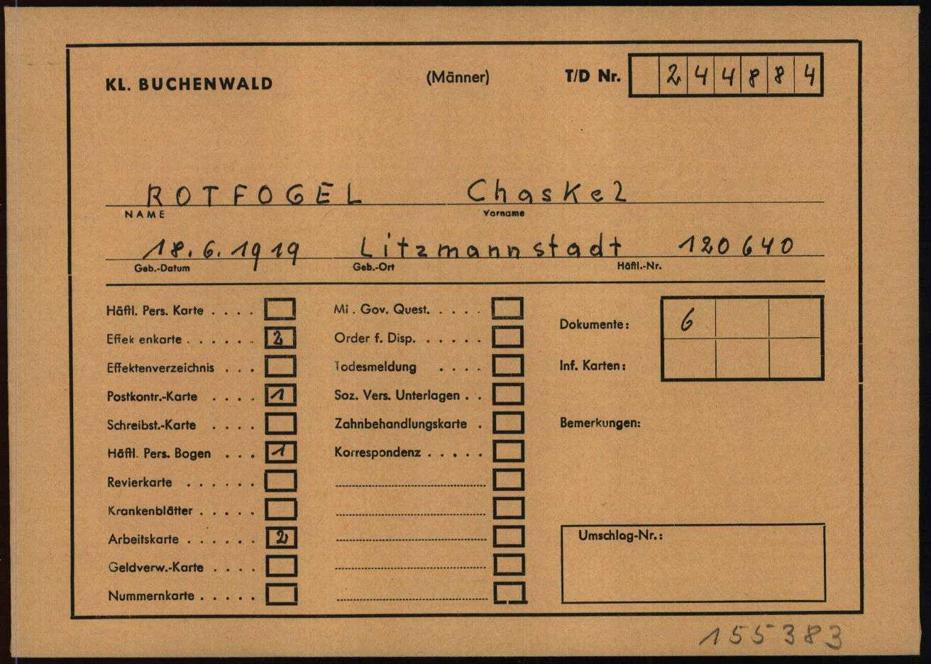 Buchenwald prisoner file cover, Rotfogel Chaskel