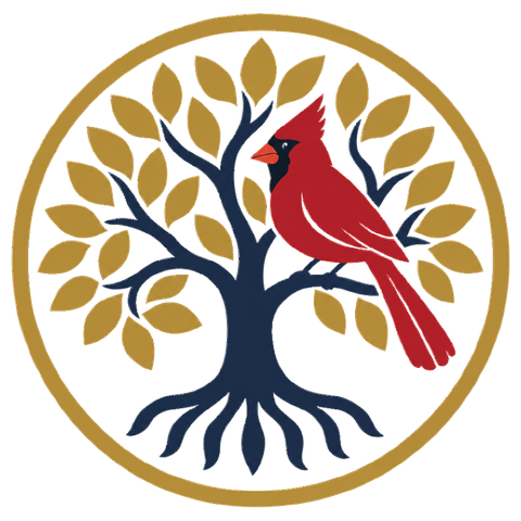 The Vogel family crest: a red cardinal perched in a tree of life with deep roots, inside a gold ring