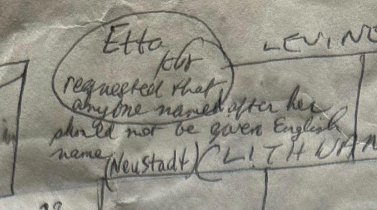Close-up of the handwritten 1990 family tree showing Etta Levine of Neustadt, Lithuania, and the note about her request